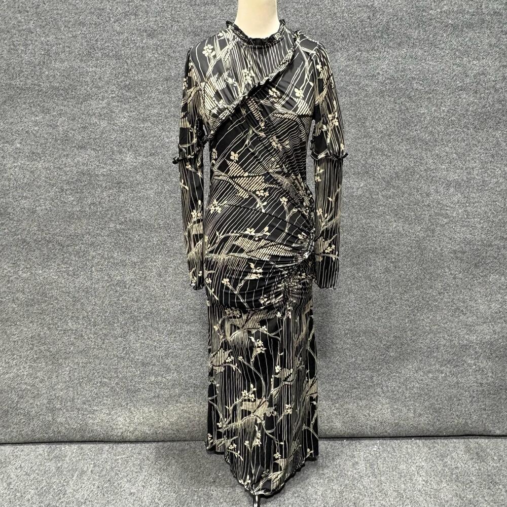 Sea New York Dress Womens Medium Black Floral Ruched Ruffle Maxi Long Sleeve